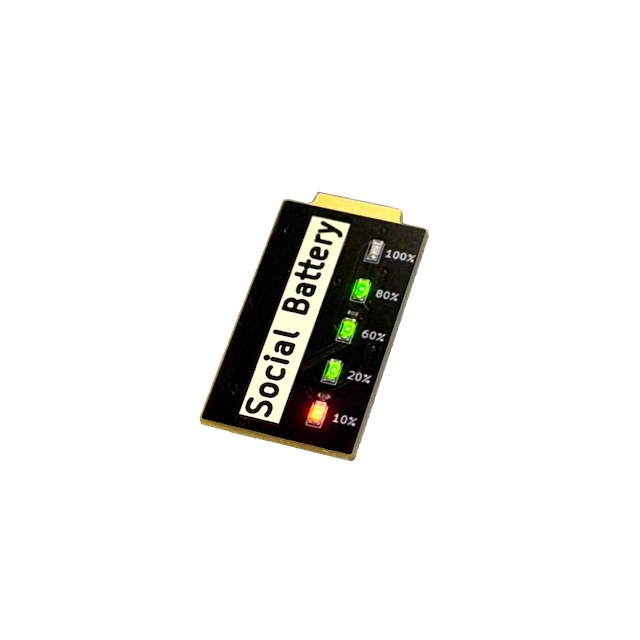 electronic social battery pin badge showing high energy levels