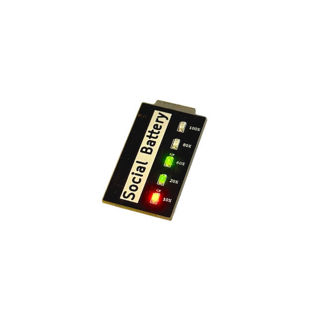 electronic social battery pin badge showing medium energy levels